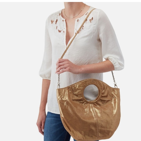 HOBO Georgia Metallic Shimmer Leather Convertible Bag Gold Circle Handle - Picture 7 of 7